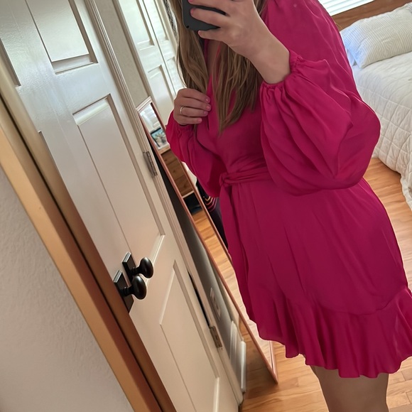 Banana Republic Bright Peony Satin Ruffle Wrap Dress small - Picture 8 of 16